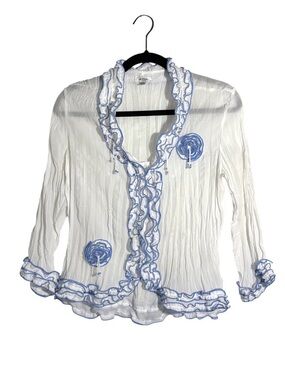 Jaipur White Sheer Ruffle Blouse with Blue Trim